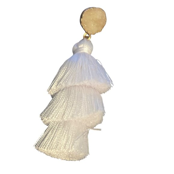 White Tassel Statement Earrings Druzy Stone Studs 3 Tiered Pierced Vacation 3" - Picture 2 of 5